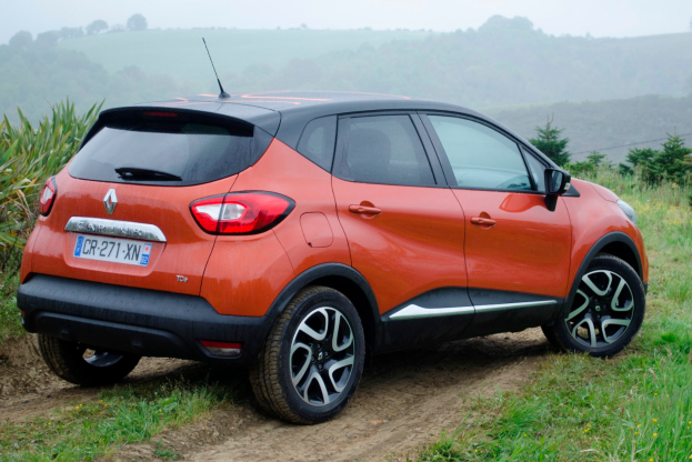 Ein Renault Captur 1.5 dci 90 Energy Intens Auto auf dem Boden umgeben von Gras, Pflanzen, Bäumen und einem klaren blauen Himmel.