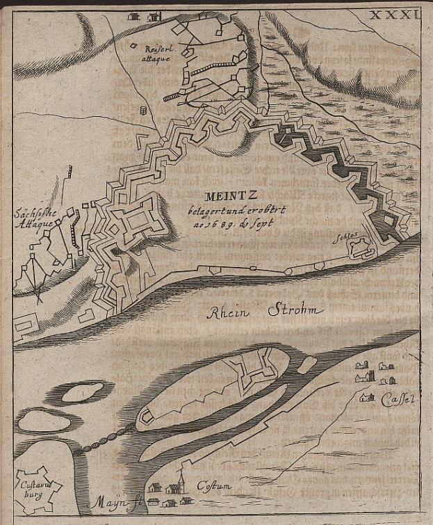 Alte detaillierte Karte von Meintz, Deutschland, zeigt Straßen, Gebäude, Sehenswürdigkeiten und textuelle Informationen zur Bevölkerung, Lage und Geschichte.