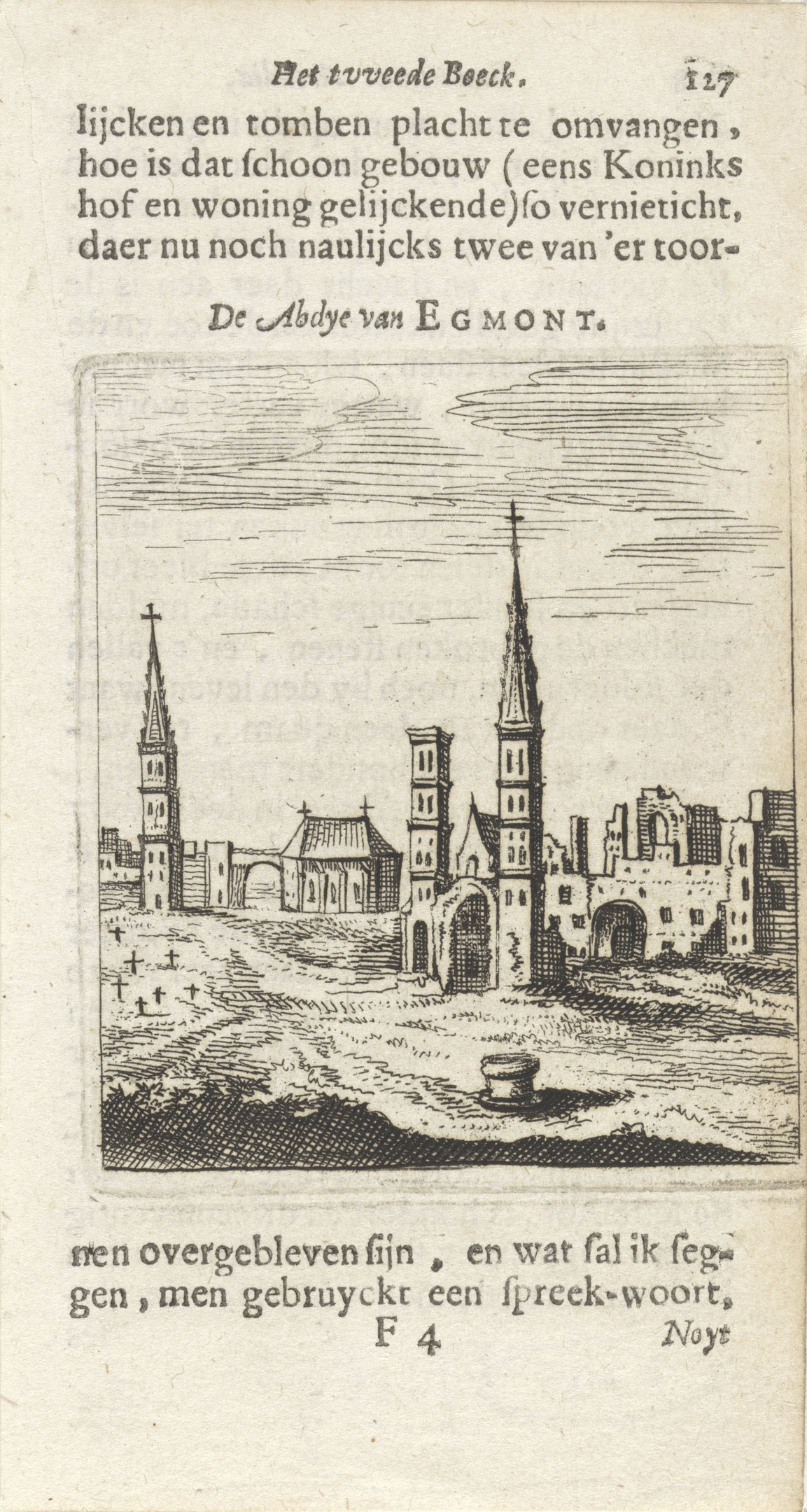 Eine detaillierte Abbildung einer alten Buchseite, die eine Stadtansicht mit Gebäuden und begleitendem Text zeigt.