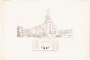 Eine Zeichnung der Bartholomäus-Kirche in Berlin mit einem Turm, Bäumen und Menschen, mit dem Namen unten.