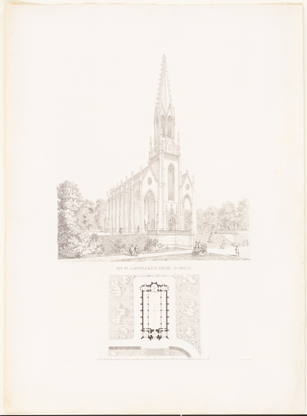 Eine Zeichnung der Bartholomäus-Kirche in Berlin mit einem Turm, Bäumen und Menschen, mit dem Namen unten.