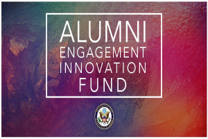 Logo für den Alumni Engagement Innovation Fund auf einem farbenfrohen Hintergrund mit dem Text "Alumni Engagement Innovation Fund" drumherum.