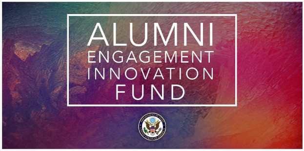 Logo für den Alumni Engagement Innovation Fund auf einem farbenfrohen Hintergrund mit dem Text "Alumni Engagement Innovation Fund" drumherum.