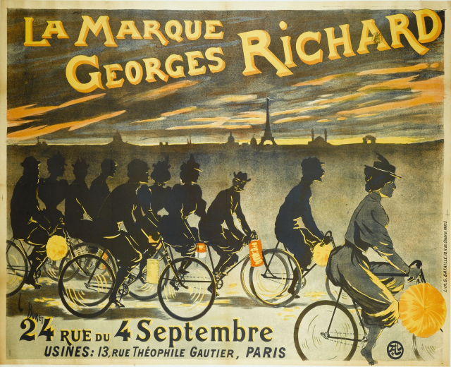 Plakat für ein Fahrradrennen in Paris, Frankreich, mit einer Gruppe von Radfahrern und dem Eiffel-Turm im Hintergrund, mit Eventdetails in Text.