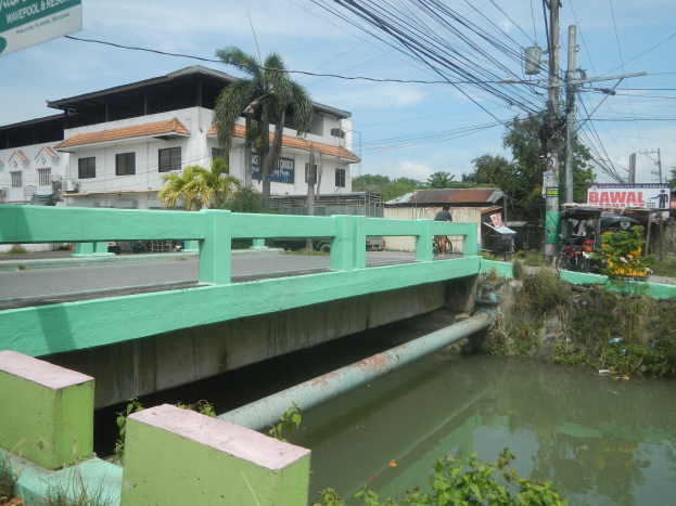 Eine grüne Brücke mit Geländern überspannt einen kleinen Bach in einer Stadt, umgeben von Pflanzen und Wasser, mit Strommasten, Texttafeln, Fahrzeugen, Gebäuden, Bäumen und einer bewölkten Himmel.