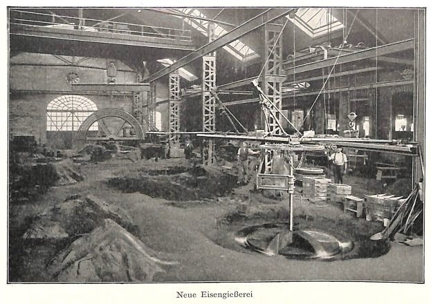 Schwarzes und weißes Foto eines Fabrikinneren mit Arbeitern, die Maschinen bedienen, Metallstangen und -pole, beschriftet mit "Neue Eisenglebeerei, die erste Fabrik in Deutschland" unten.