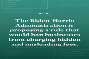 Plakat mit fettem schwarzem Text auf einem weißen Hintergrund, eingerahmt von einem schmalen schwarzen Rand, das besagt: "Die Biden-Harris-Regierung schlägt eine Regel vor, die es Unternehmen verbieten würde, versteckte und irreführende Gebühren zu erheben."