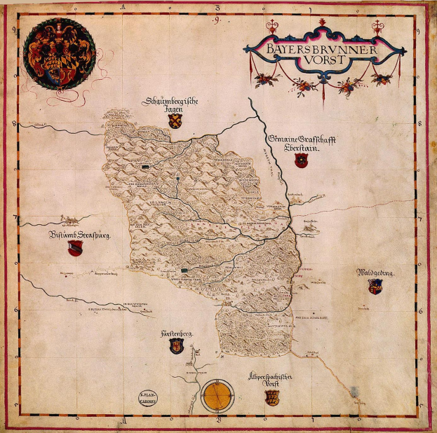 Eine detaillierte Karte von Bayern aus dem 15. Jahrhundert mit geographischen Merkmalen, begleitet von Text und Logos.