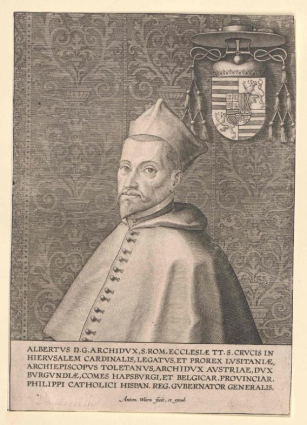 Gravur eines Mannes in Priestergewand und Hut, beschriftet mit Albrecht D. Erzbistum, mit einem Wappen im Hintergrund und dem Wort "Erzbistum" unten.