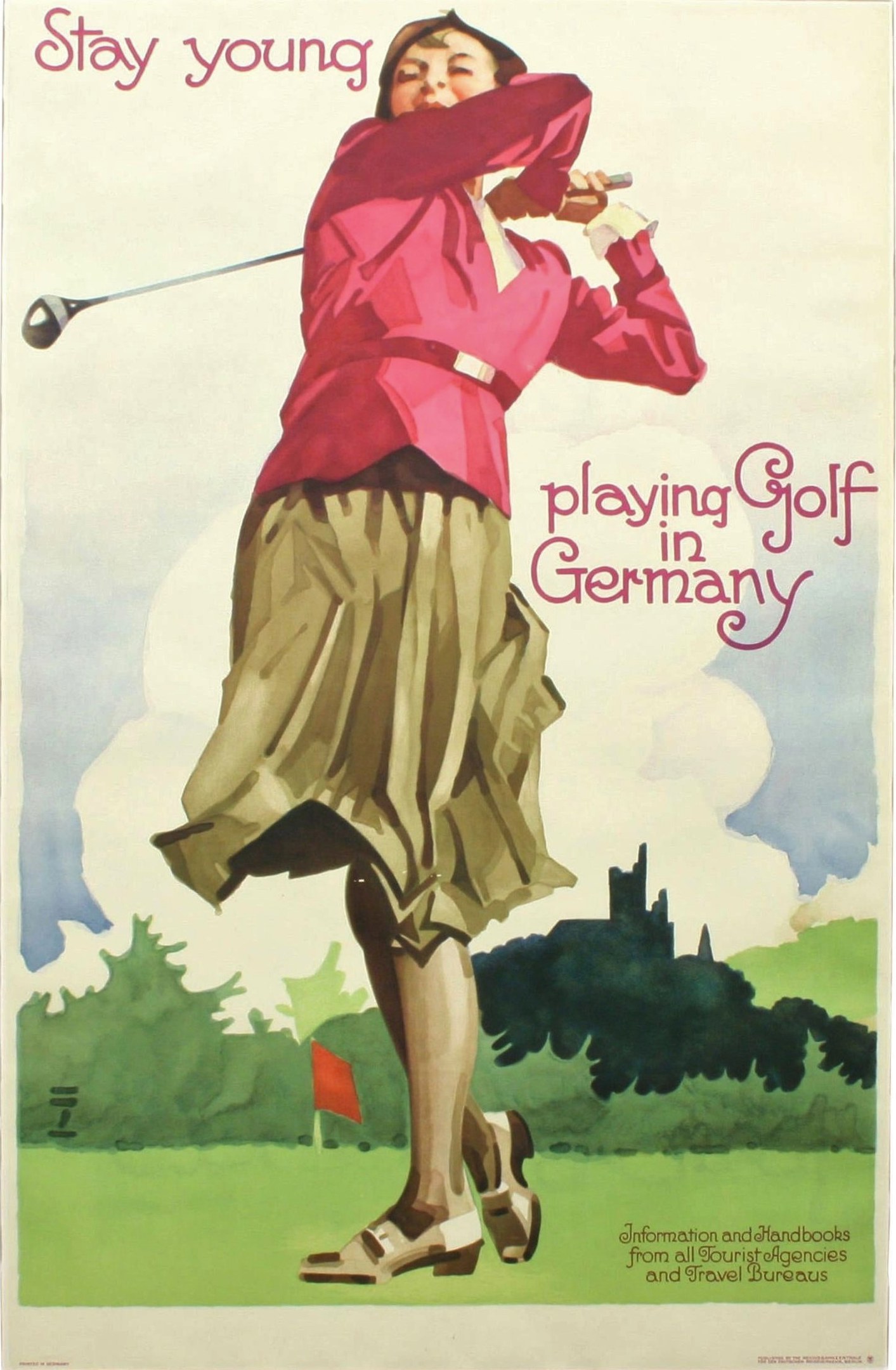 Ein Plakat, das eine Frau mit einem Golfschläger auf einem Golfplatz in Deutschland zeigt, mit einer Fahne und Bäumen im Hintergrund und Text, der Informationen zum Golfplatz enthält.