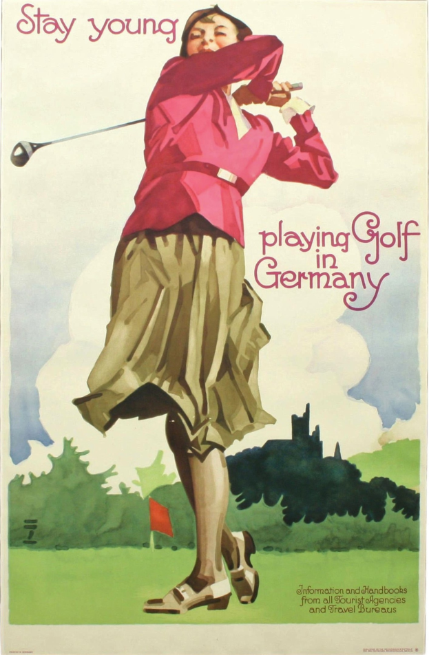 Ein Plakat, das eine Frau mit einem Golfschläger auf einem Golfplatz in Deutschland zeigt, mit einer Fahne und Bäumen im Hintergrund und Text, der Informationen zum Golfplatz enthält.