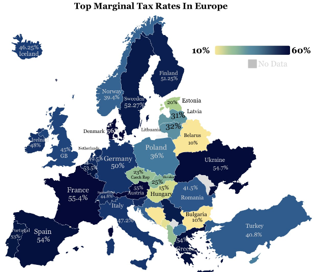 Eine Europakarte mit Farben, die die Spitzensätze der Einkommensteuer pro Land anzeigen und den Titel "Spitzensätze der Einkommensteuer in Europa" oben.