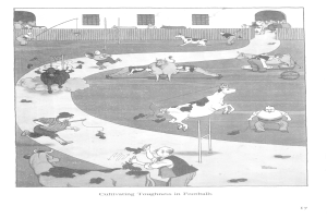 Eine Schwarz-Weiß-Zeichnung von Menschen und Tieren in einer Wiese mit einer Wand und Fenstern im Hintergrund und Text unten mit der Aufschrift "Robustheit im Fussball züchten".