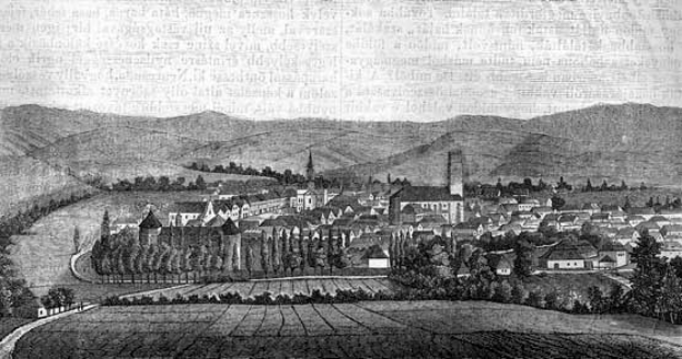 Eine Schwarz-Weiß-Zeichnung einer kleinen Stadt in einem Tal umgeben von Bäumen und Hügeln, mit der Aufschrift "Bayern, Deutschland, 1857" oben.