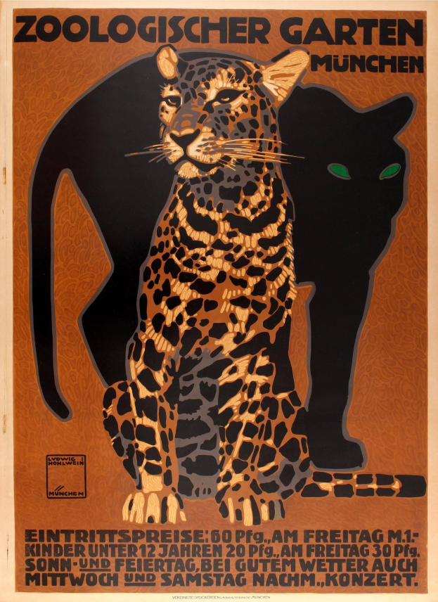 Plakat bewirbt Münchner Zoo mit Bildern von Leopard und Hauskatze und Text mit Zooinformationen.