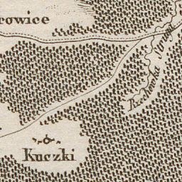 Alte detaillierte Karte der Stadt Kuczki mit Straßen, Gebäuden, Sehenswürdigkeiten und Text mit Bevölkerungs- und Straßeninformationen.