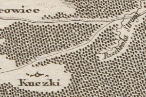 Alte detaillierte Karte der Stadt Kuczki mit Straßen, Gebäuden, Sehenswürdigkeiten und Text mit Bevölkerungs- und Straßeninformationen.