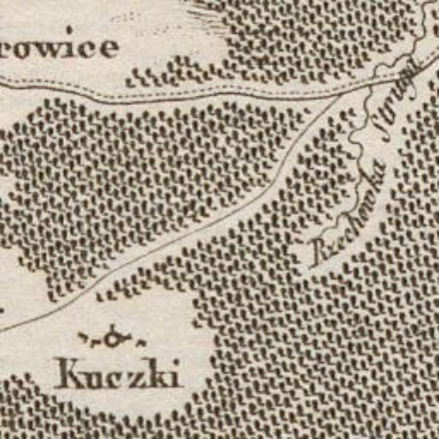 Alte detaillierte Karte der Stadt Kuczki mit Straßen, Gebäuden, Sehenswürdigkeiten und Text mit Bevölkerungs- und Straßeninformationen.