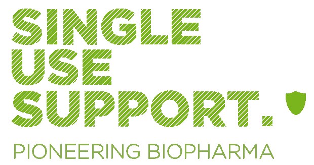 Der Text "single use support pioneering biopharma" in fetter grüner Schrift auf einem weißen Hintergrund.