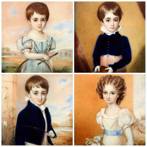 Collage aus vier Gemälden, die Kinder in farbenfrohen Outfits mit unterschiedlichen Gesichtsausdrücken und Posen zeigen.