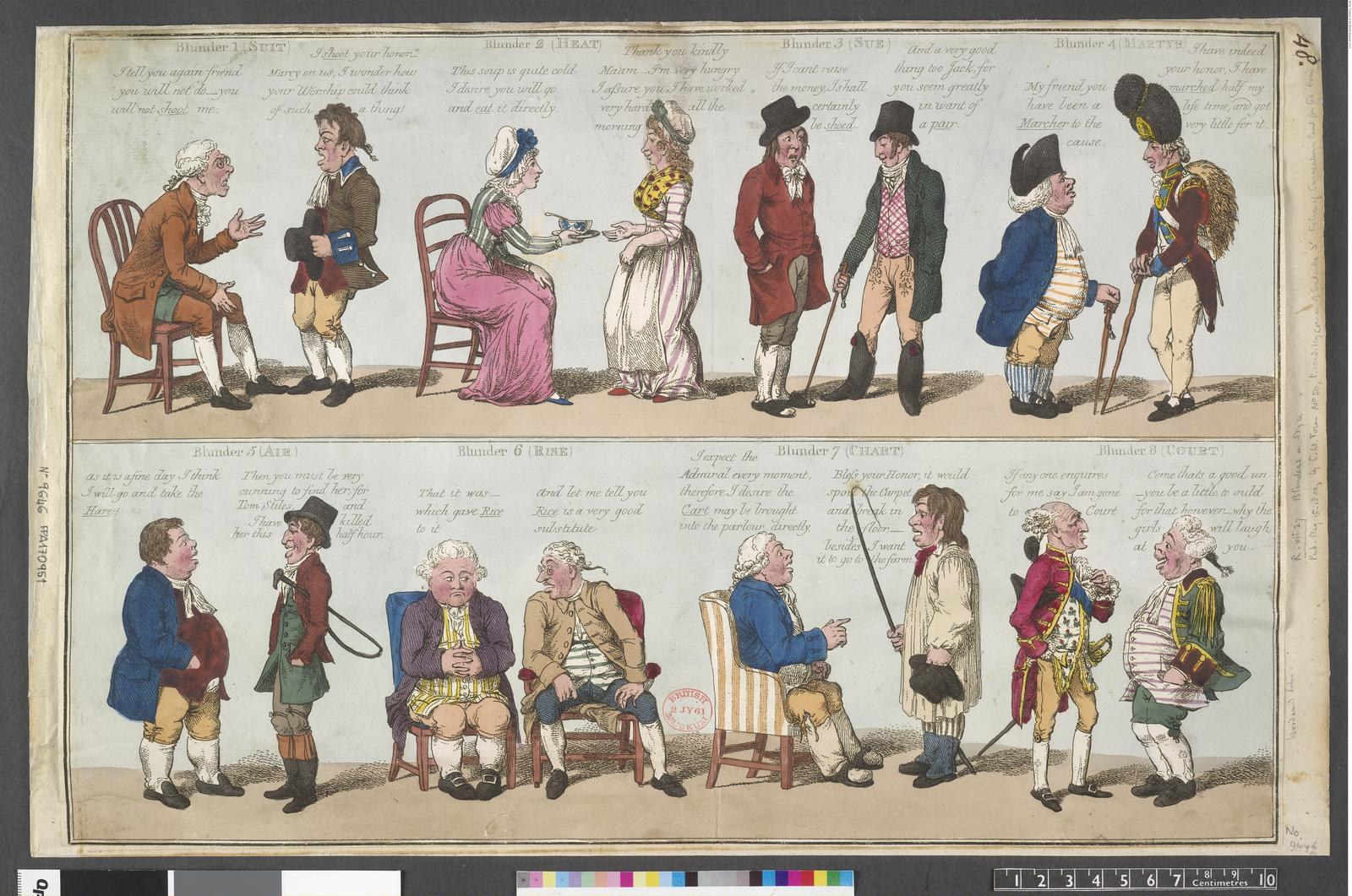 Cartoon-Illustration einer 18. Jahrhundert-Sozialveranstaltung mit Menschen in historischer Kleidung, einige sitzen und andere stehen, in ein Gespräch vertieft mit einer Person, die animiert gestikuliert.