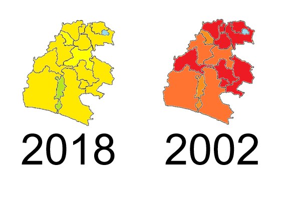 Karte von Deutschland, die die provinziellen Grenzen von 2002 in rot, 2018 in gelb und überlappende Bereiche in orange auf einem weißen Hintergrund mit Text hervorhebt.
