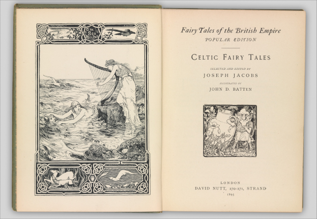 Offenes Buch mit einer Illustration eines keltischen Feenmärchens auf dem Cover, das auf einer flachen Oberfläche liegt und detaillierte, farbenfrohe Innenillustrationen und sichtbaren Text zeigt.