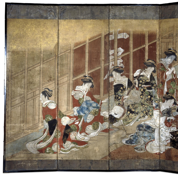 Ein japanisches Vier-Paneel-Bild aus der Meiji-Zeit, das Frauen in Kimonos in einem Kreis zeigt, wobei eine Frau in der Mitte die Arme ausstreckt.