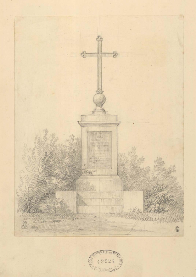 Eine Zeichnung eines Kreuzes auf einem Sockel in einem Park, umgeben von Bäumen, mit Text und einem Stempel unten, der darauf hinweist, dass es ein Weltkriegsdenkmal ist.