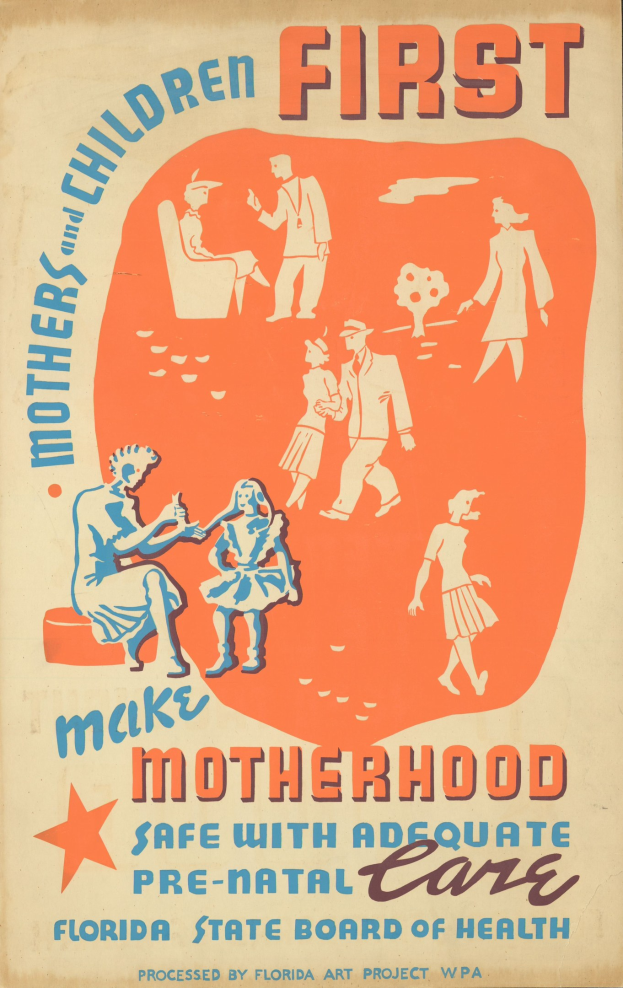 Plakat mit fettem weißen Text "Machen Sie die Mutterschaft mit ausreichender Voruntersuchung sicher" auf einem hellblauen Hintergrund, das verschiedene lachende Menschen unterschiedlichen Alters, Geschlechts und Ethnien zeigt.