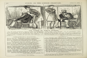 Ein altes Buchcover mit einem Mann in einem Stuhl sitzend und einem ernsten Gesichtsausdruck sowie einer Frau daneben, die nachdenklich aussieht, mit der Aufschrift "The Power of Public Opinion" auf der Seite.