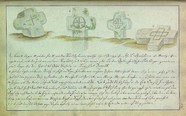 Alter Dokument mit einem Brief von einer deutschen Familie aus dem Jahr 1823, das eine vergilbte Seite mit sauberer Schreibschrift und drei detailliert ausgearbeitete keltische Kreuze enthält.