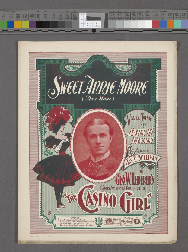Plakat für 'Sweet Annie Moore und die Casino Girl' mit zwei Schauspielern und fetter Titeltext auf einem hellgelben Hintergrund.