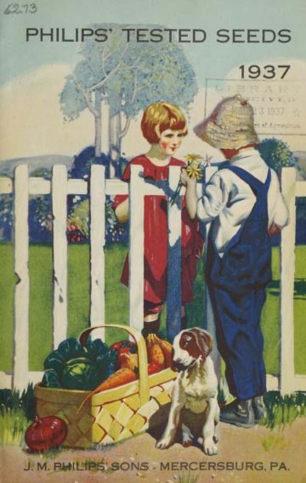 Plakat aus dem Jahr 1937, das Philips' geprüfte Saatgut bewirbt und zwei Kinder mit einem Korb voller Gemüse und einen Hund vor einem hölzernen Zaun zeigt, Bäume und einen blauen Himmel.