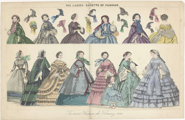 Ein Vintage-Modepapier mit dem Titel "The Ladies Gazette of Fashion", das Illustrationen von Frauen in bunten, verschiedenen Kleidern und kunstvoll gestalteten Hüten in gedämpften Blautönen, Grüntönen und Gelbtönen zeigt.