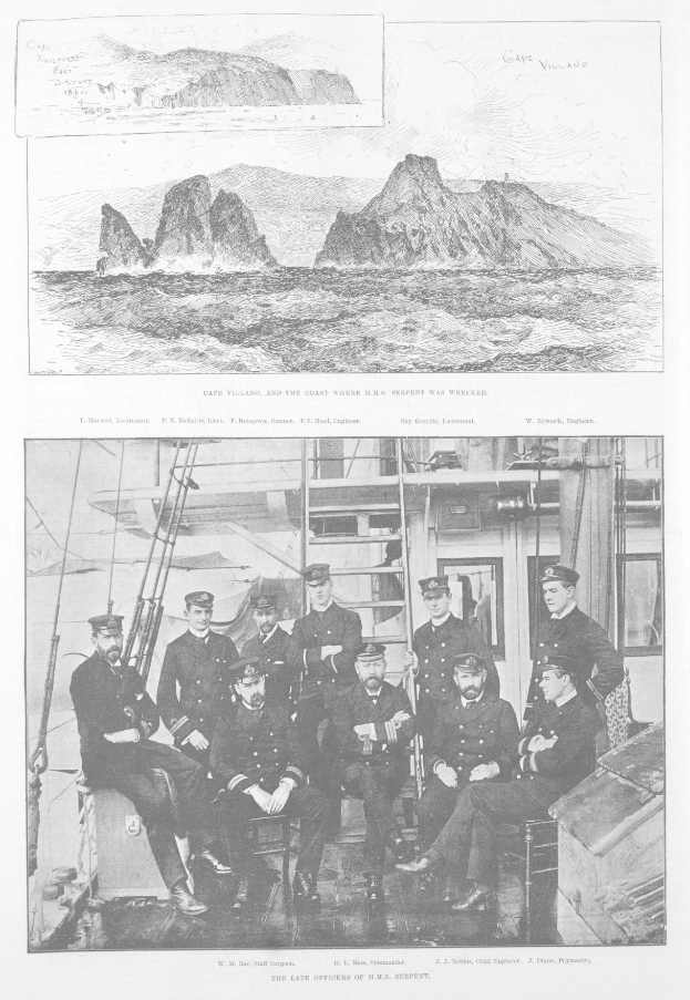 Gruppe von Männern in Mützen auf einem Boot sitzend mit scenischen Bergen, Wasser und Himmelbildern oben und Text unten.