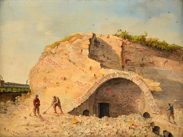 Gemälde mit dem Titel "Bau eines Tunnels" (1880), das Männer bei der Arbeit auf einer Baustelle mit einem Hügel, einer Brücke und Himmel im Hintergrund zeigt.