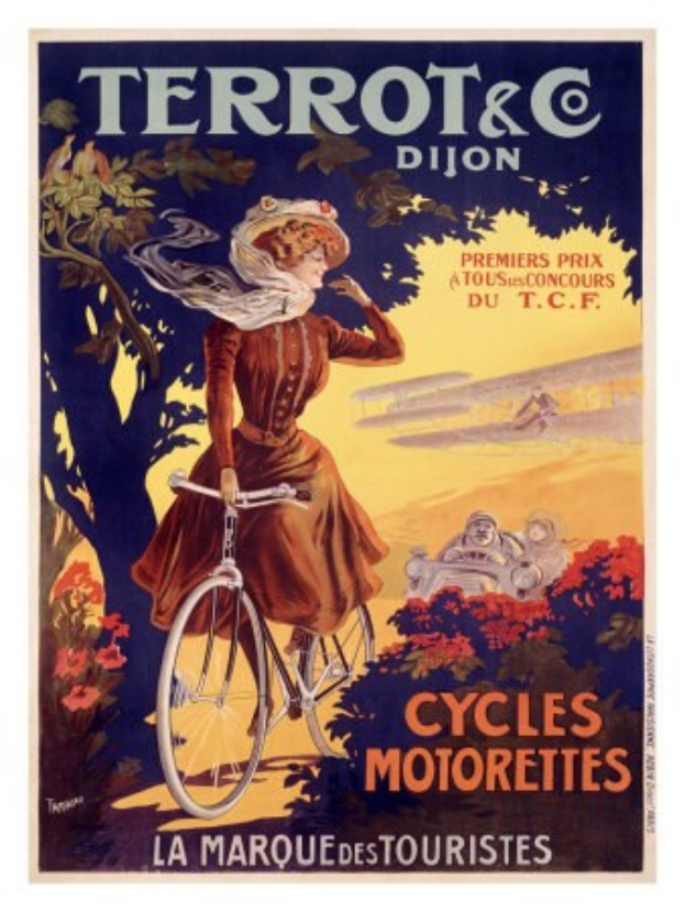 Ein Plakat, das eine Fahrradtour in Frankreich ankündigt, zeigt eine Frau, die ein Fahrrad fährt, umgeben von Bäumen, Blumen und anderen Radfahrern, mit Text, der die Tour beschreibt.