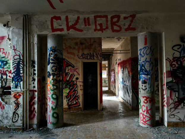 Verlassenes Gebäude mit Graffiti-bedeckten Wänden, Säulen, freiliegenden Boden und sichtbaren Rohren, mit einer Tür im Hintergrund.