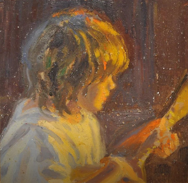 Gemälde eines jungen Jungen in einem weißen Hemd, der konzentriert eine Gitarre spielt, die Augen geschlossen, Finger auf dem Griffbrett.