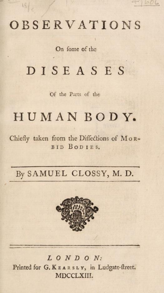 Altes Buch mit dem Titel "Beobachtungen über einige der Krankheiten des menschlichen Körpers" von Samuel Glossy, mit einem tiefblauen Einband und weißer Schrift in fetter Schrift, mit Anzeichen von Abnutzung und Alter.