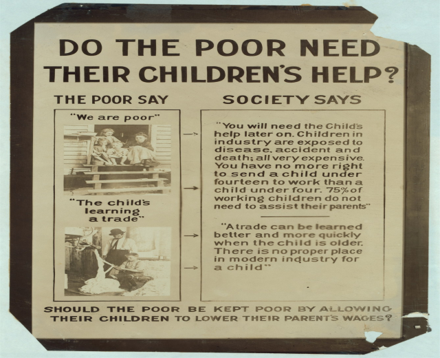 Plakat mit dem Text "Brauchen die Armen die Hilfe ihrer Kinder?" mit Bildern.