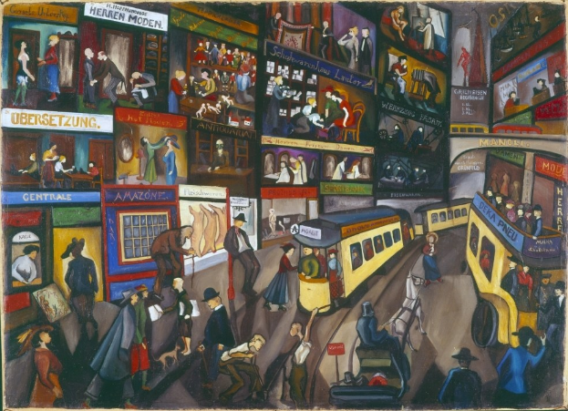 Ein Bild, das eine belebte Stadtstraße mit Fußgängern, Fahrzeugen, Gebäuden, Schaufenstern und Schildern zeigt.