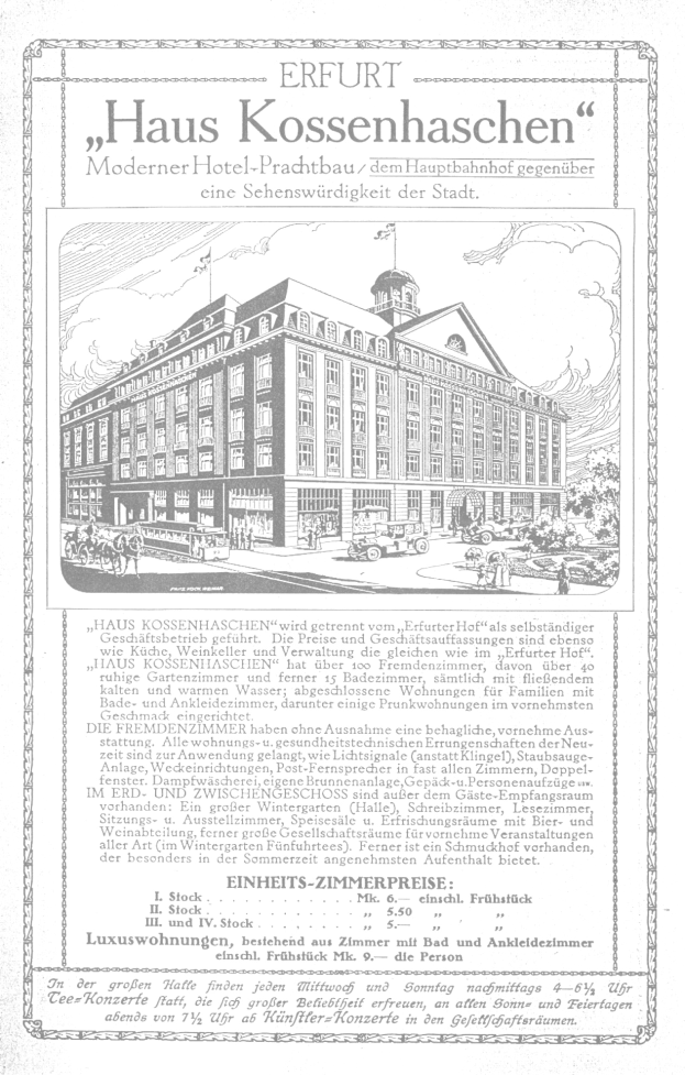 Alte deutsche Hotelwerbung mit einem zweistöckigen Gebäude mit rotem Dach, weißen Wänden und einem großen Fenster im zweiten Stock, mit fetter Schrift in einem dekorativen Rahmen.