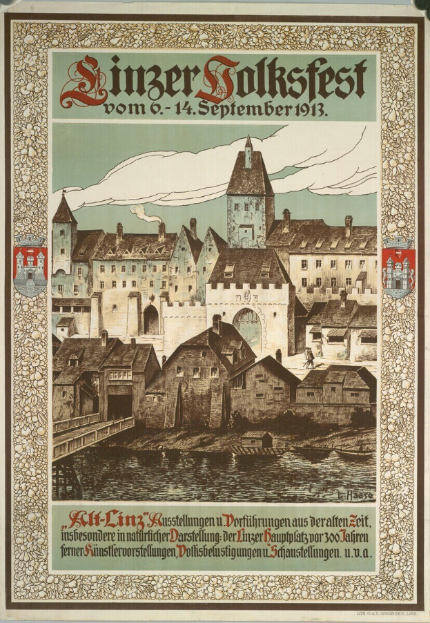 Alter Plakatwerbung für ein Festival in Deutschland, das eine Illustration eines Schlosses umgeben von Häusern zeigt.