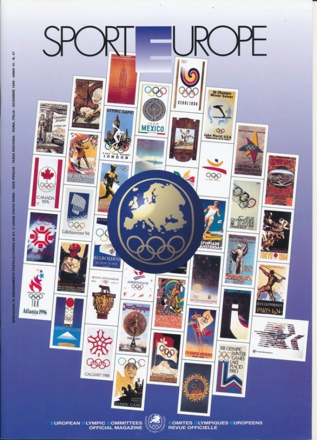 Ein Buchumschlag mit dem Titel "Sporting Europe", der farbenfrohe Bilder und Texte über Olympische Spiele in Europa zeigt, mit fetter weißer Schrift auf einem farbenfrohen, kunstvoll gestalteten Hintergrund.