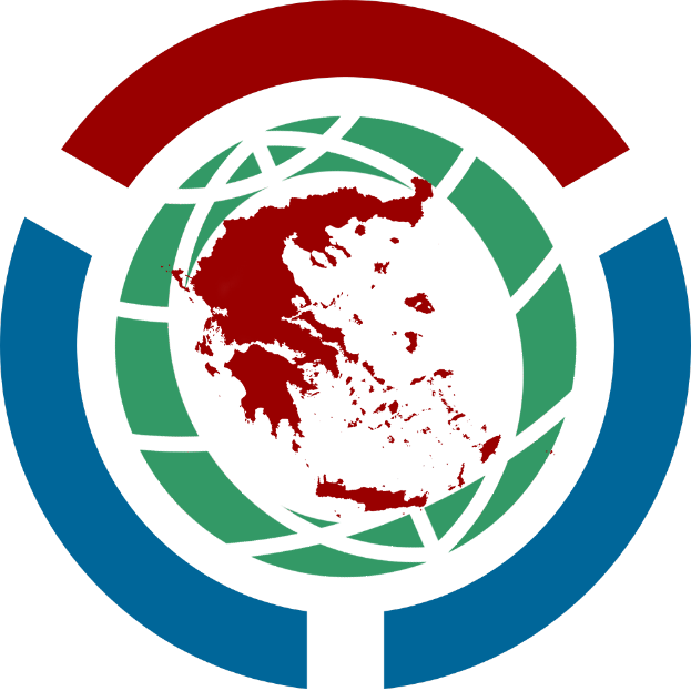 Ein weißer Hintergrund mit einer Weltkugel in der Mitte, umgeben von einem roten, grünen und blauen Kreis.