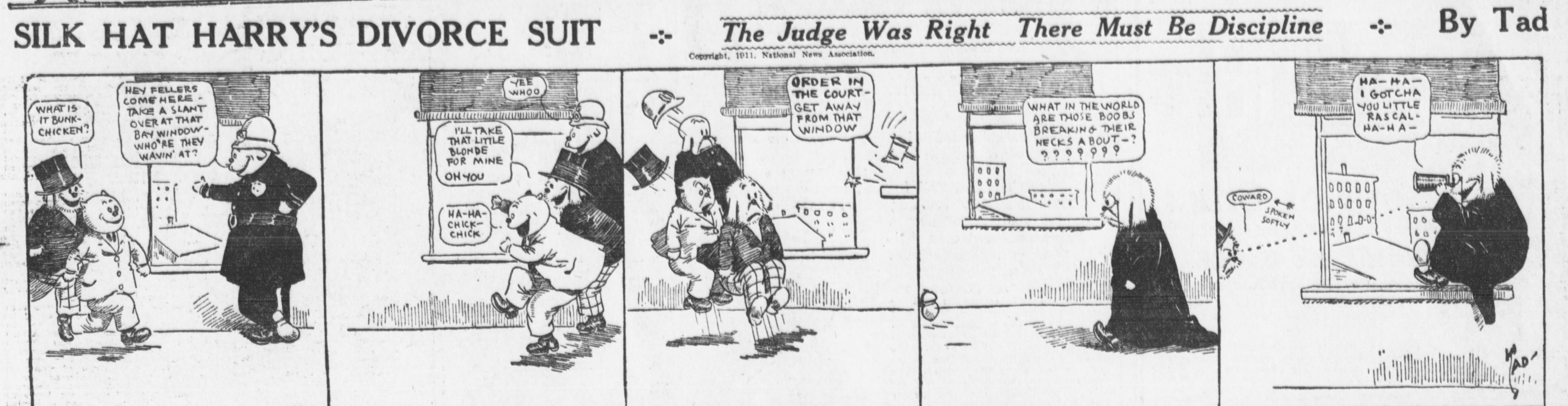 Eine Karikatur zeigt einen Mann in einem schwarzen Anzug und eine Frau in einem eleganten Kleid mit einem schwarzen Schal, beide mit ernsten Gesichtern, beschriftet mit "Scheidungsklage."