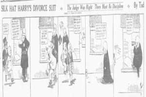 Eine Karikatur zeigt einen Mann in einem schwarzen Anzug und eine Frau in einem eleganten Kleid mit einem schwarzen Schal, beide mit ernsten Gesichtern, beschriftet mit "Scheidungsklage."