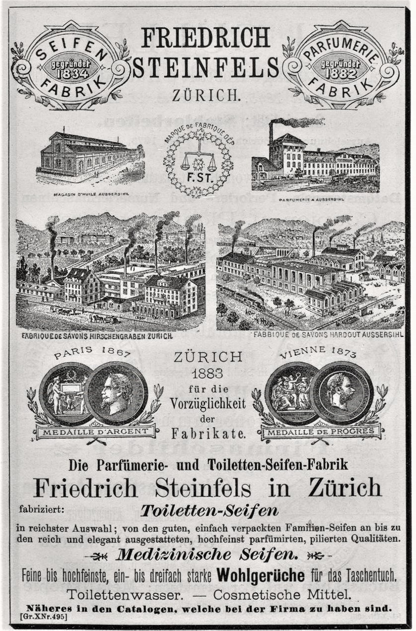 Schwarze und weiße Werbung für Friedrich Steinfels in Zürich, die Bilder von Gebäuden, Menschen und Text zeigt.